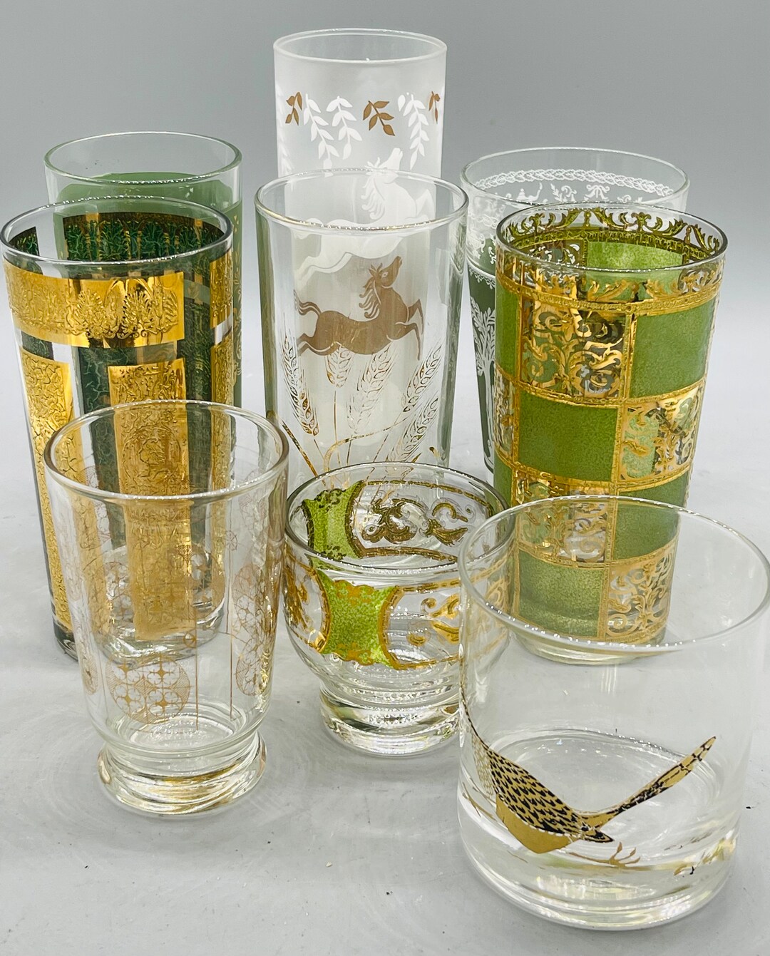 Mismatched Set of 9 Vintage Green and Gold Glass Tumblers Etsy
