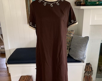 Vintage 1970’s Brown Polyester Mini Dress With Embroidered Trim