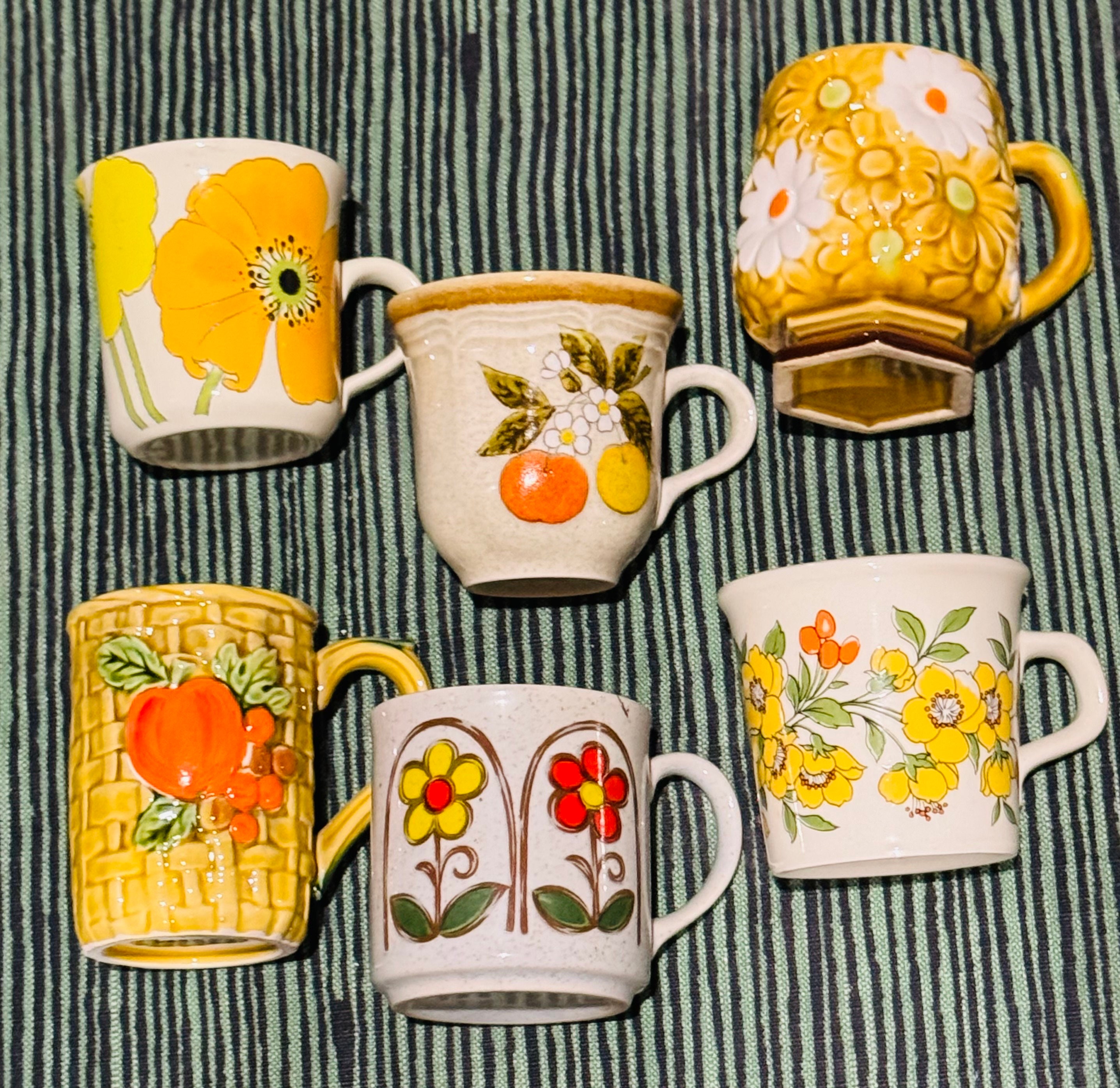 Set of 6 1970's Vintage Mismatched Floral Stoneware Coffee Set of 6 1970's Vintage Mismatched Floral Stoneware Coffee