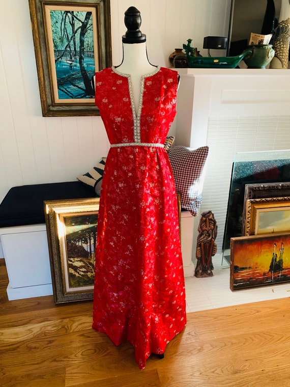 Vintage Red Brocade Gown/ 1960’s Vintage Prom Dre… - image 3