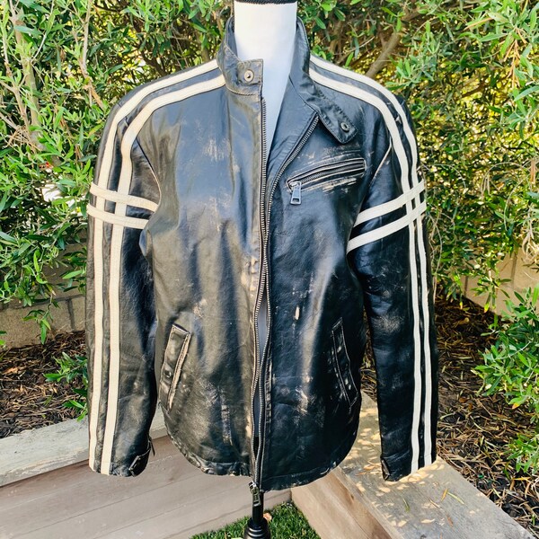 Vintage Mens Leather Motorcycle Jacket With White Stripes