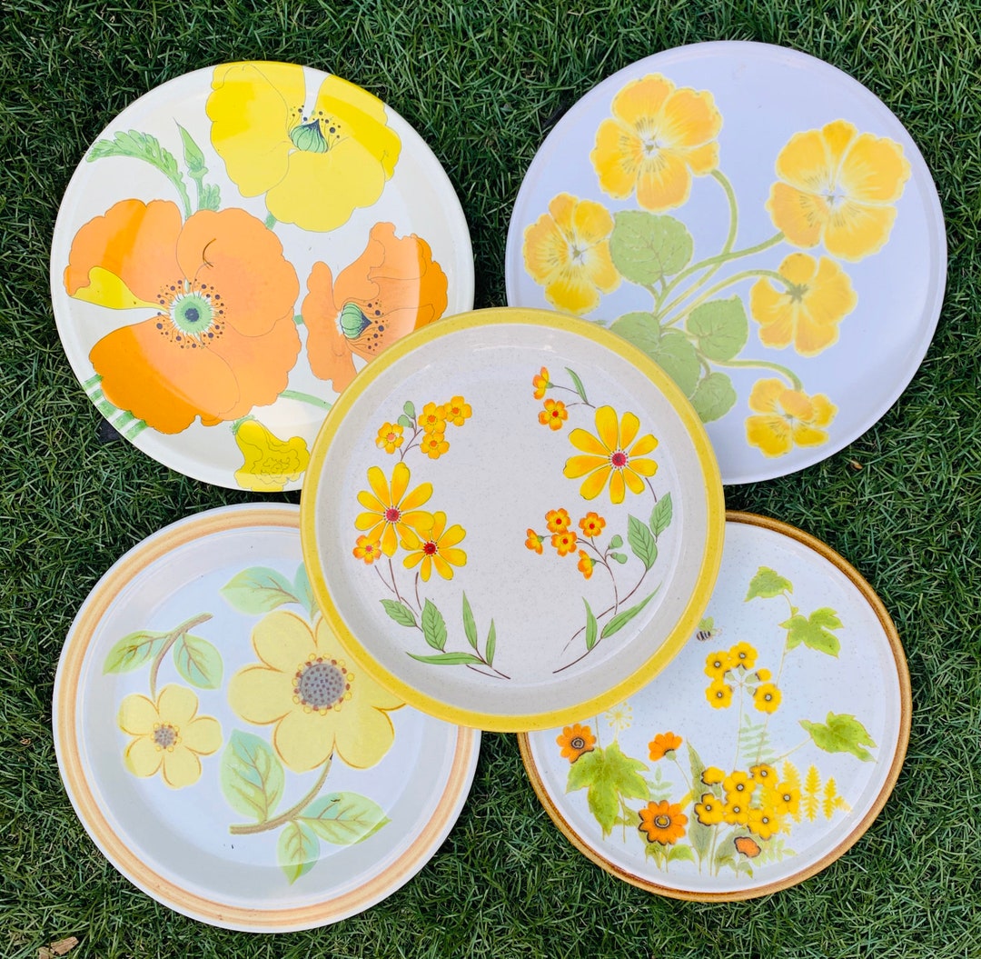 Mixed Set of 5 Vintage Floral Salad Plates/ Mismatched Stoneware Plates