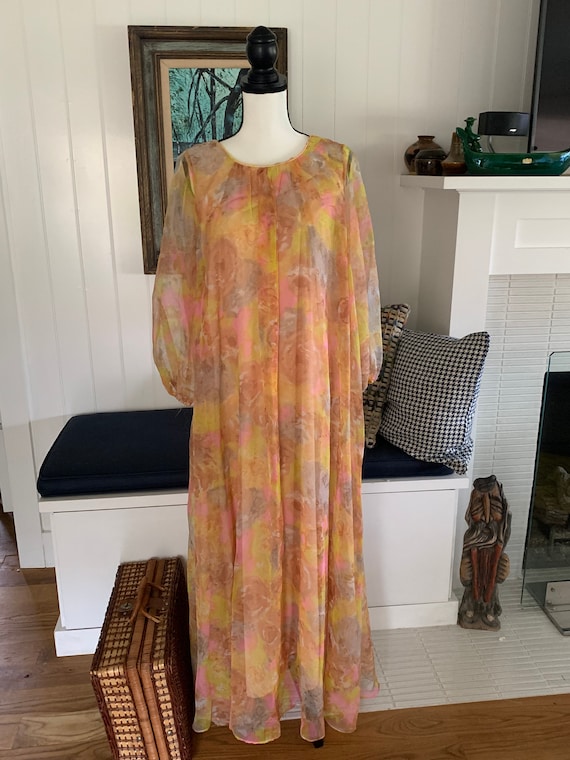 1960's Vintage Nylon Floral Waterfall Dress/ Retro