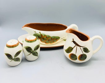 Stangl Pottery Orchard Song Tidbit Plate, Gravy Boat, Salt and Pepper Shakers, Creamer Sold Individually