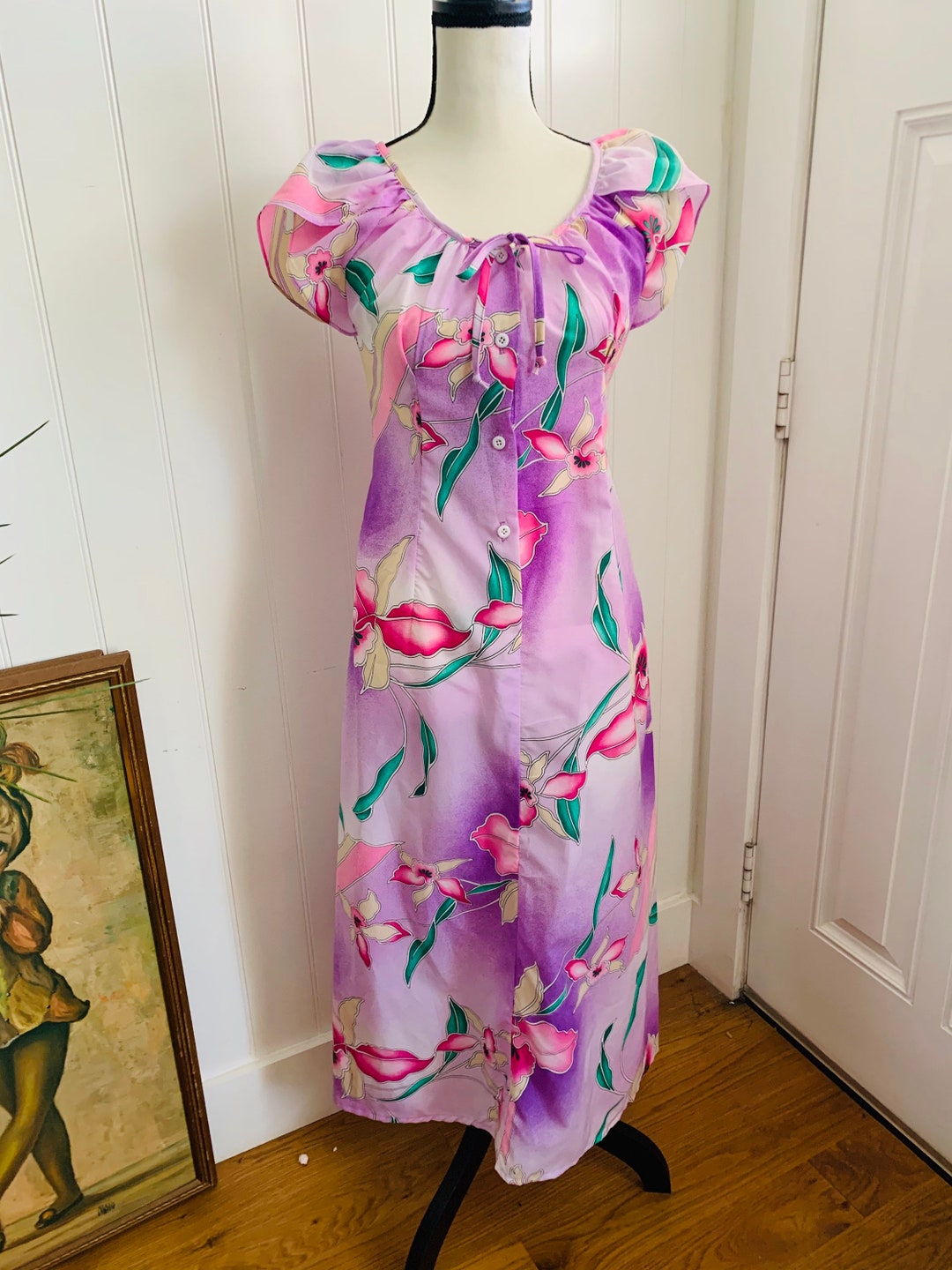 1970s Vintage Floral Cap Sleeve Maxi Dress - Etsy