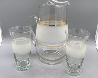 Mid Century Glass Iced Tea Pitcher With Two Glasses