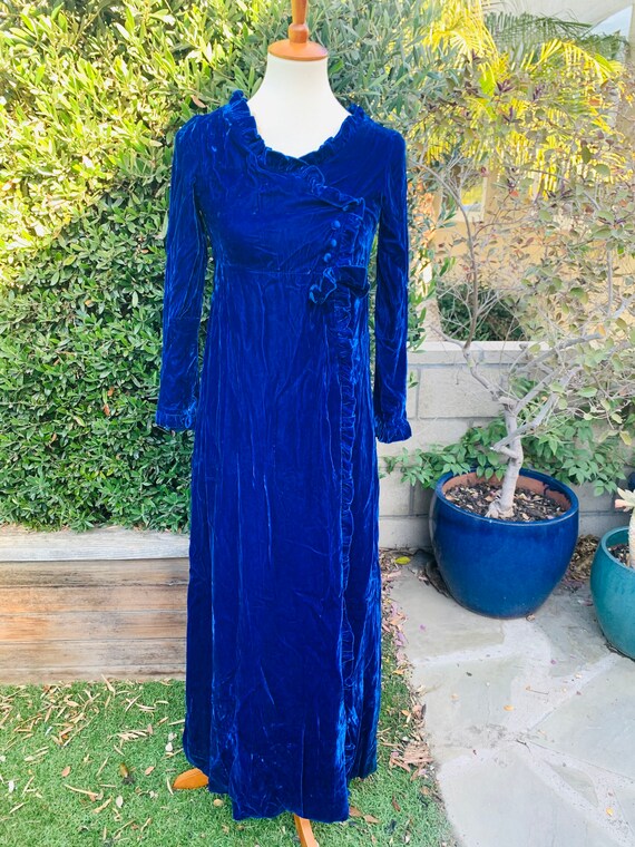 Vintage Blue Velvet Long Sleeve Prairie Dress