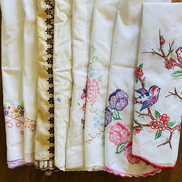Vintage Embroidered Household Linens/ Floral Table Runners/ Table Linens