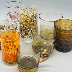 Mismatched Set of 8 1970s Butterfly Themed Drinking Glasses 