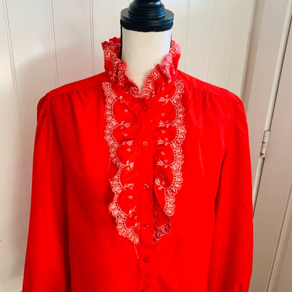 Vintage 1970’s Jonquil Red Ruffled Button Down - image 2