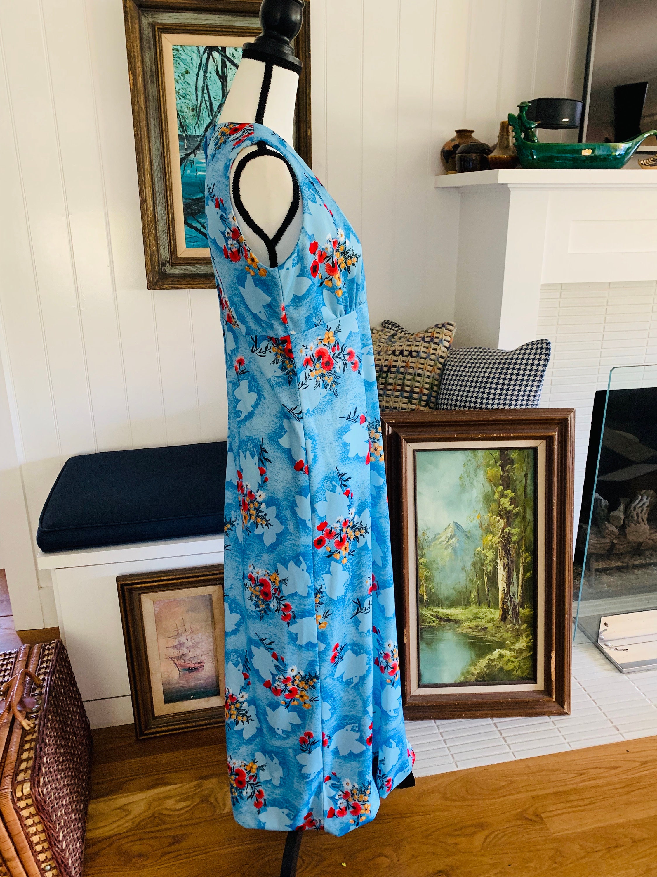 Vintage 1960s Blue Floral Polyester Maxi Dress - Etsy