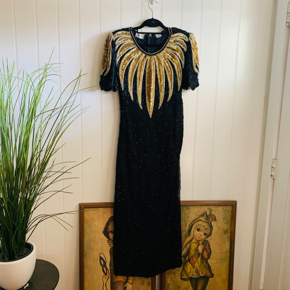 Vintage Denise Elle Black and Gold Silk Sequins Go