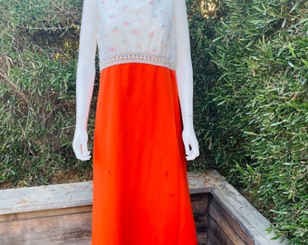 Vintage Orange Floral 1960’s Formal Maxi Dress/ Vintage Prom Dress