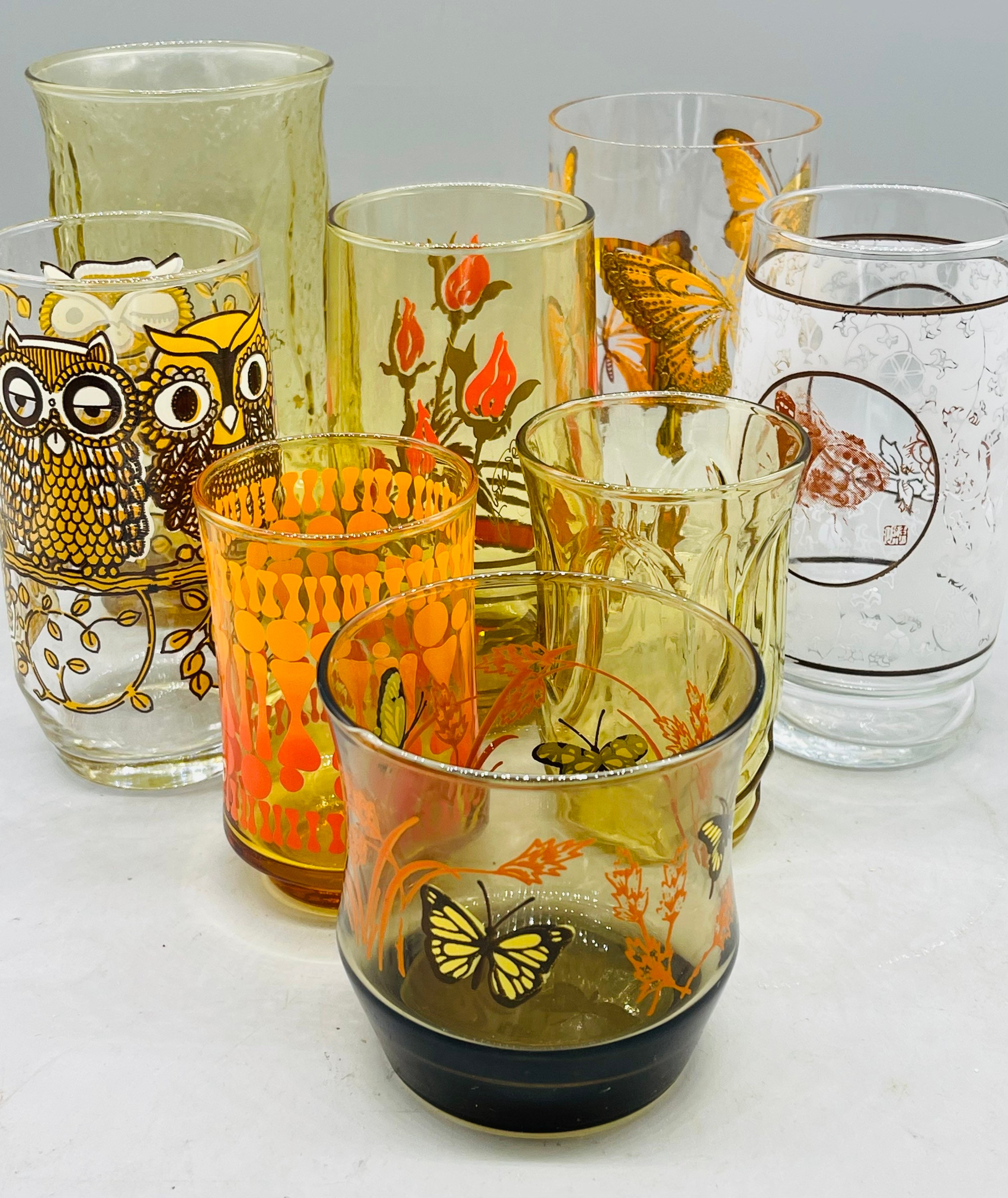 Mismatched Set of 8 1970s Butterfly Themed Drinking Glasses 