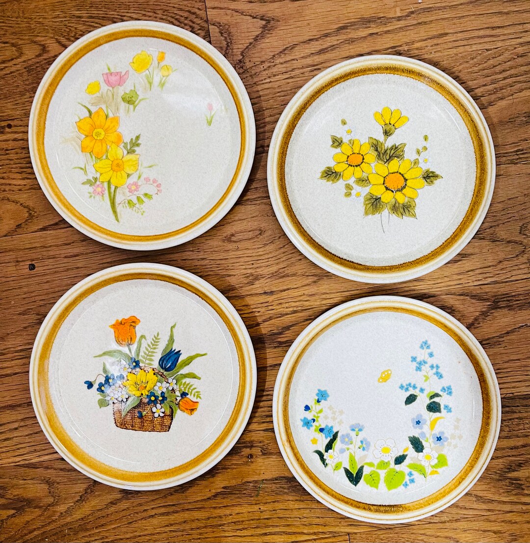 Set of 4 Mismatched Floral Stoneware Salad Plates Etsy