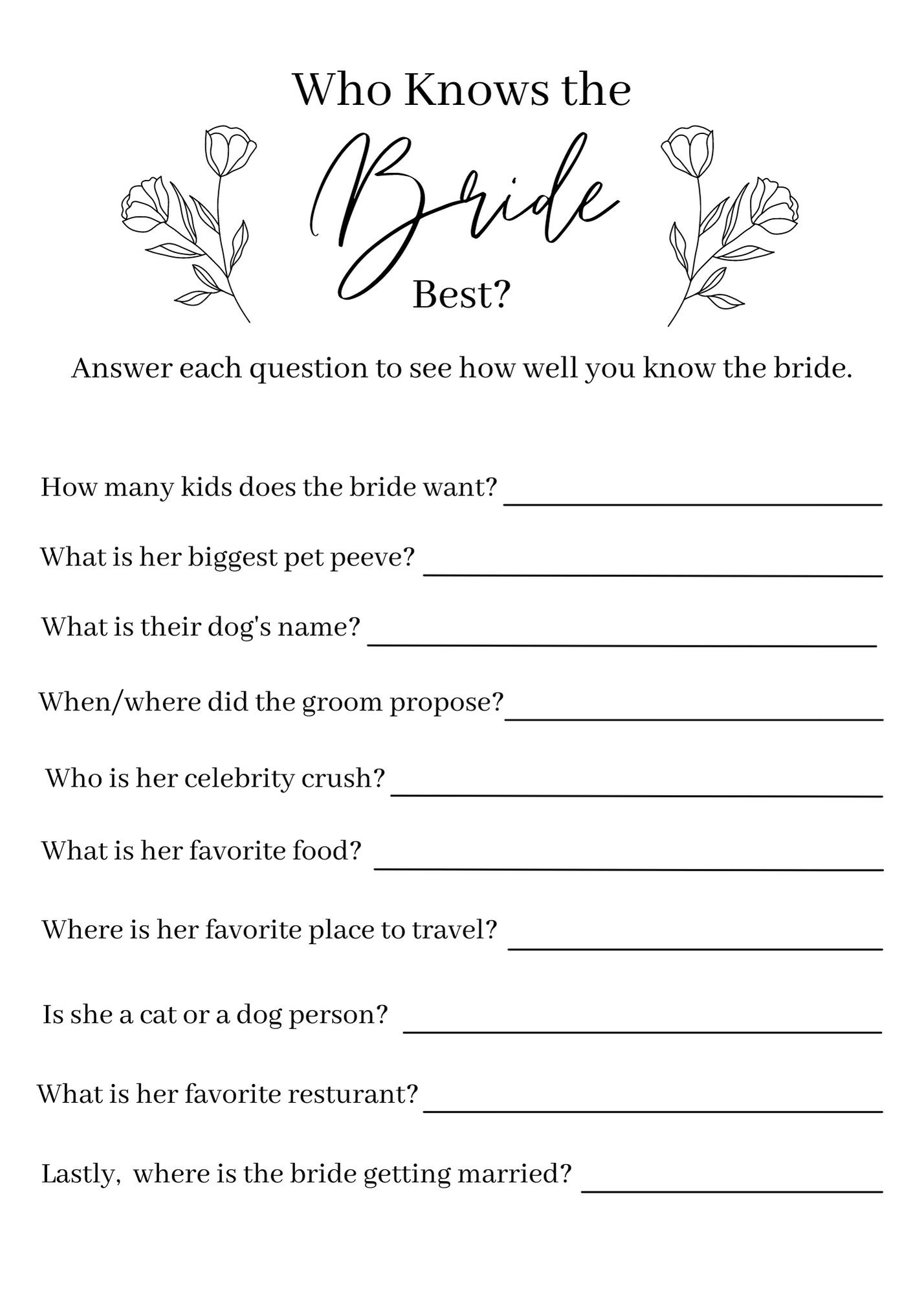 Who Knows The Bride Best Party Game Printable Bridal Party Games