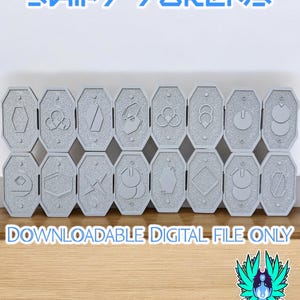 May include: A set of 12 gray plastic tokens with different symbols, including a circle with a line through it, a circle with a dot in the center, a circle with three dots in the center, a circle with a line through it and a dot in the center, a circle with a line through it and three dots in the center, a circle with a line through it and a dot in the center, a circle with a line through it and three dots in the center, a circle with a line through it and a dot in the center, a circle with a line through it and three dots in the center, a circle with a line through it and a dot in the center, a circle with a line through it and three dots in the center, and a circle with a line through it and a dot in the center. The tokens are labeled "Kessel Sabacc Shift Tokens".