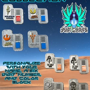 May include: A collection of eight silver metal emblems with different designs. Each emblem has a rectangular shape with a raised design and a small rectangular window. The emblems are arranged in two rows of four. The text "THE EMBLEM COLLECTION" is at the top of the image. The text "PERSONALIZE WITH YOUR NAME, A SIX DIGIT NUMBER, ANY COLOR BLOCK" is in the middle of the image. The text "#GALACTICMERCANTILEGUILD" is at the bottom of the image.