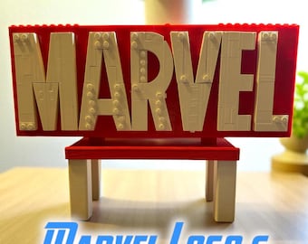 Custom Lego Marvel Logo and Minifig Display Stand | Modular Red & White Hero Display Shelf