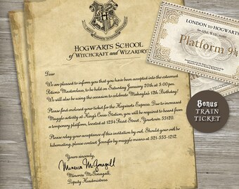 Harry Potter Birthday Party Invitation - Acceptance Letter, Train ticket - Printable Digital File