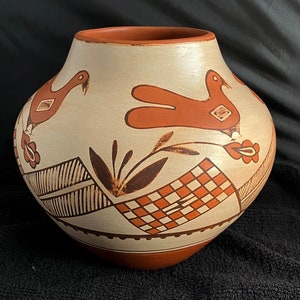 Könnte beinhalten: Eine traditionelle indianische Töpferei-Vase mit weißem Hintergrund und braunen und roten bemalten Designs. Die Vase zeigt zwei stilisierte Vögel und geometrische Muster.