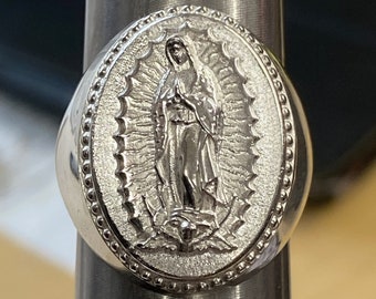 Virgin Mary Our lady of Guadalupe Solid Heavy Ring Sterling Silver 925