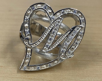 Large 1.25" Wide Heart Initial Letter M Cursive Ring with Cubic Zirconia Stones Sterling Silver 925