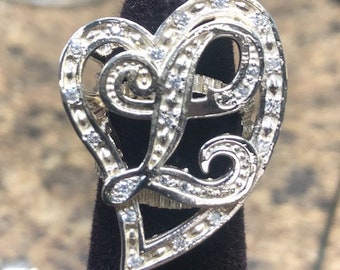 Initial Ring Cursive L Ring Sterling Silver Cursive Large Heart L