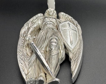 Saint Michael Warrior Angel 2" Large Charm Pendant Sterling Silver .925