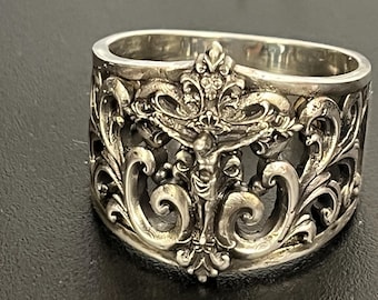 Gothic Baroque Crucifix Sterling Silver 925 Wide band with scrolls