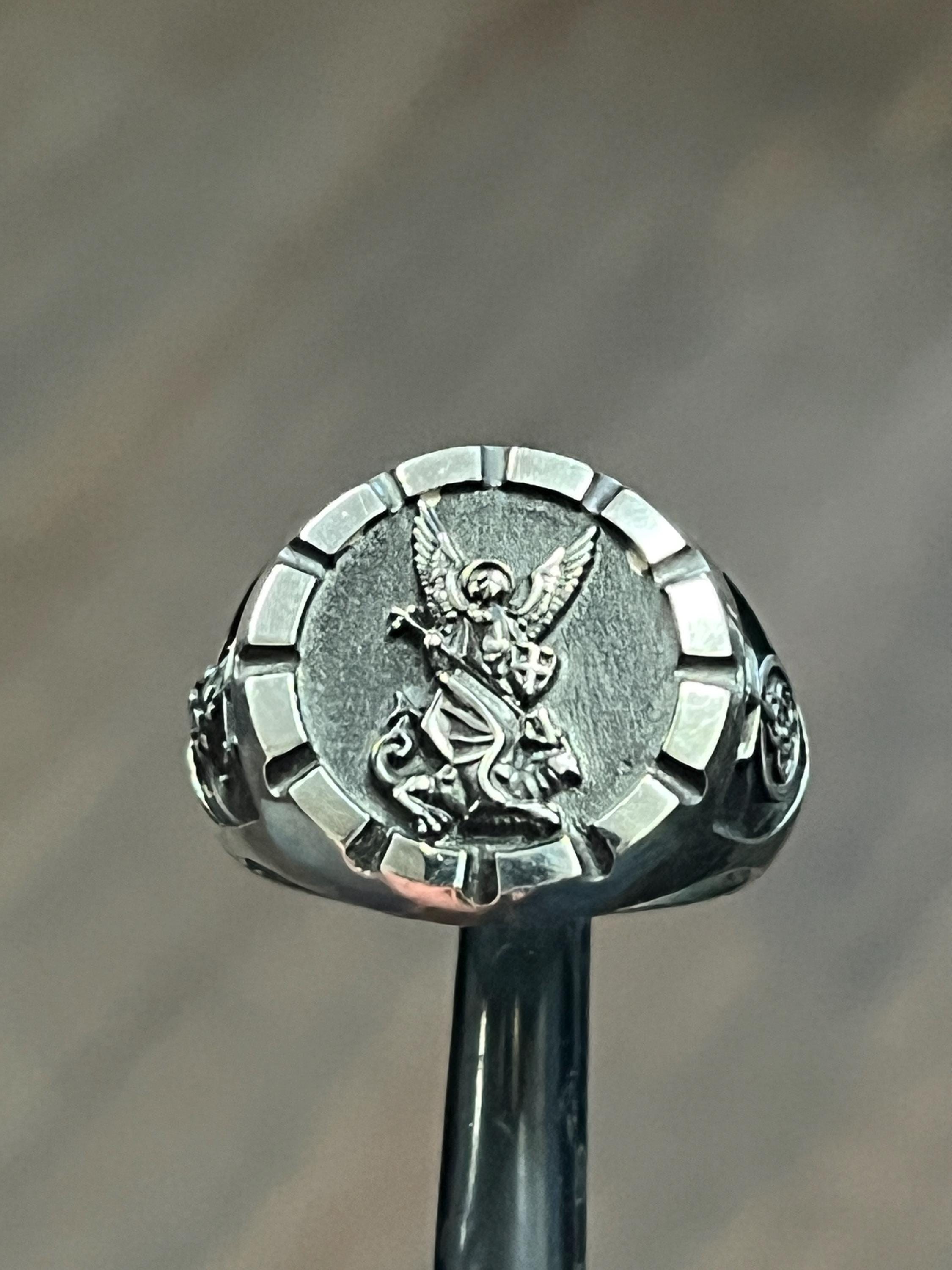 聖ミカエル パンデミック プロテクター ウイルス 生物兵器 スターリング シルバー .925 ソリッド ヘビー リング