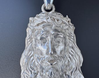 Jesus Head Pendent 4.25" Extra Large Solid Sterling Silver 925 Heavy! 145 grams