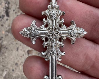 Gothic 2.5" Cross Charm Pendant Solid Sterling Silver .925