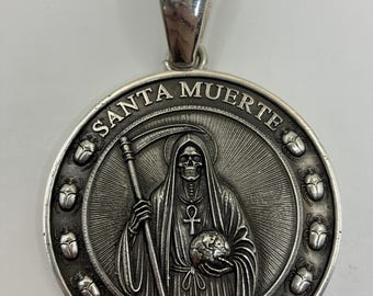 Santa Muerte The Angel of Death Large Pendant Scarabs and ankh Sterling Silver 925