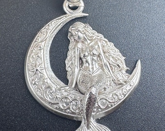 Mermaid On The Moon 1.5" Pendant 11g Solid Sterling Silver .925