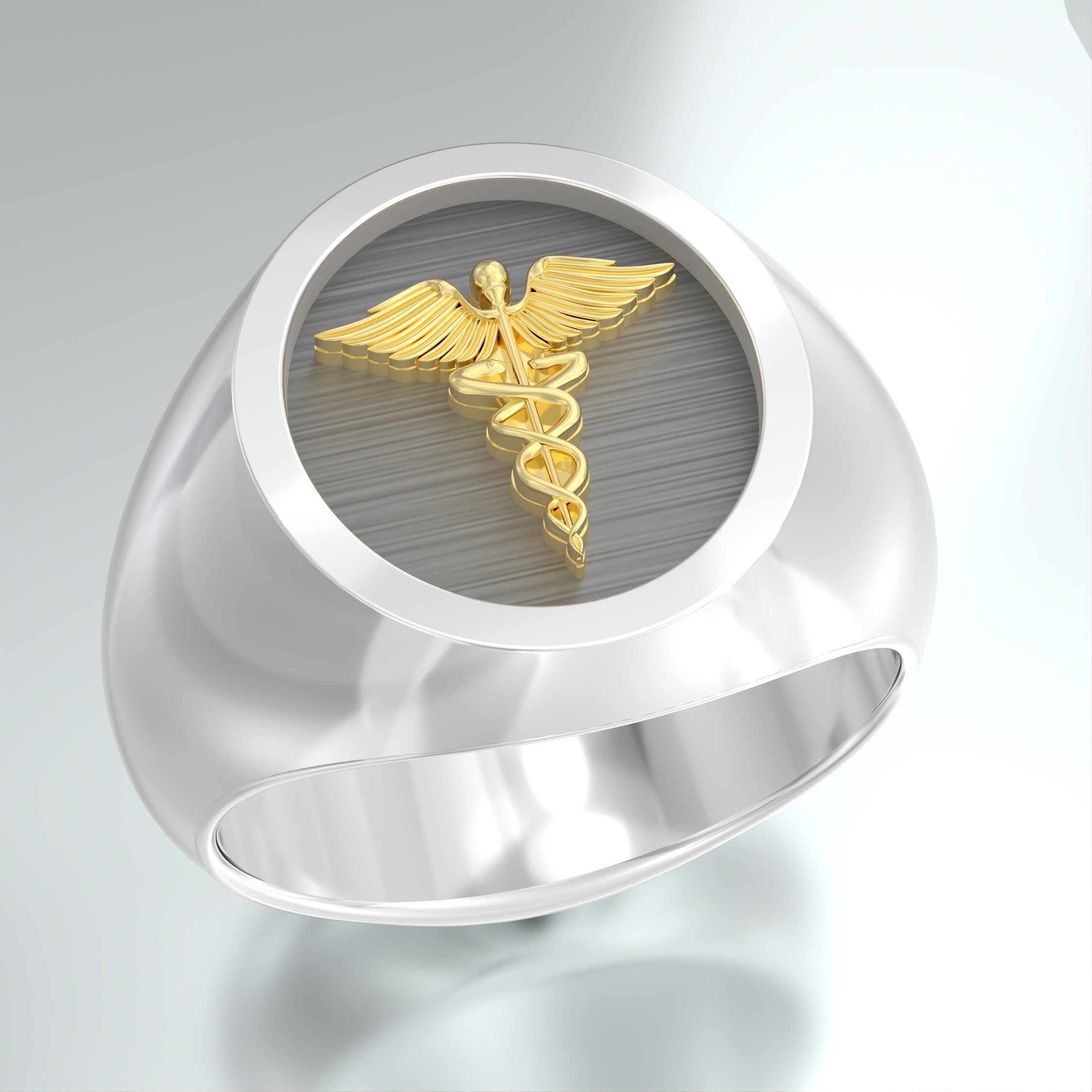 アクセサリー US MEDICAL CADUCEUS 10K RING/11,55 Medical Symbol Two Tone Solid Ring Silver and 14k Gold Caduceus