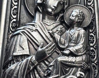 Virgin Mary Blessed Mother and Jesus  Lady Theotokos Framed Icon 1.25" Pendant Silver 925