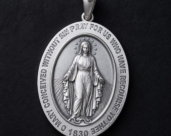 Mary miraculous Pendant 2.5" Large Heavy Silver 925
