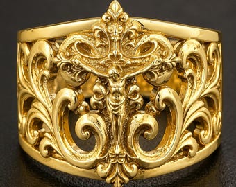 Baroque Crucifix 14K gold Wide band with scrolls