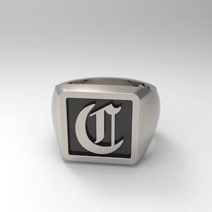 Bague lourde carrée initiale C pour hommes, police anglaise ancienne, argent sterling massif 925