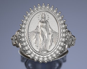 Anillo para mujer con la Virgen María y ángeles, con circonitas cúbicas, en plata de ley 925.