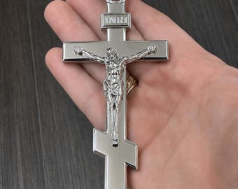 Orthodox Beveled Cross Crucifix Jesus Christ 5" large Charm Pendant 120gm Silver .925