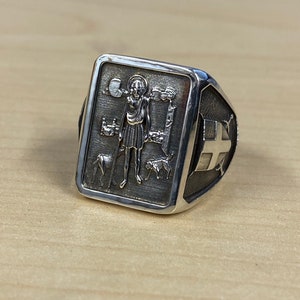 Saint Lazarus Templar Knight Solid Men&#39;s Rectangular Ring Sterling Silver 925 sizes 7-16