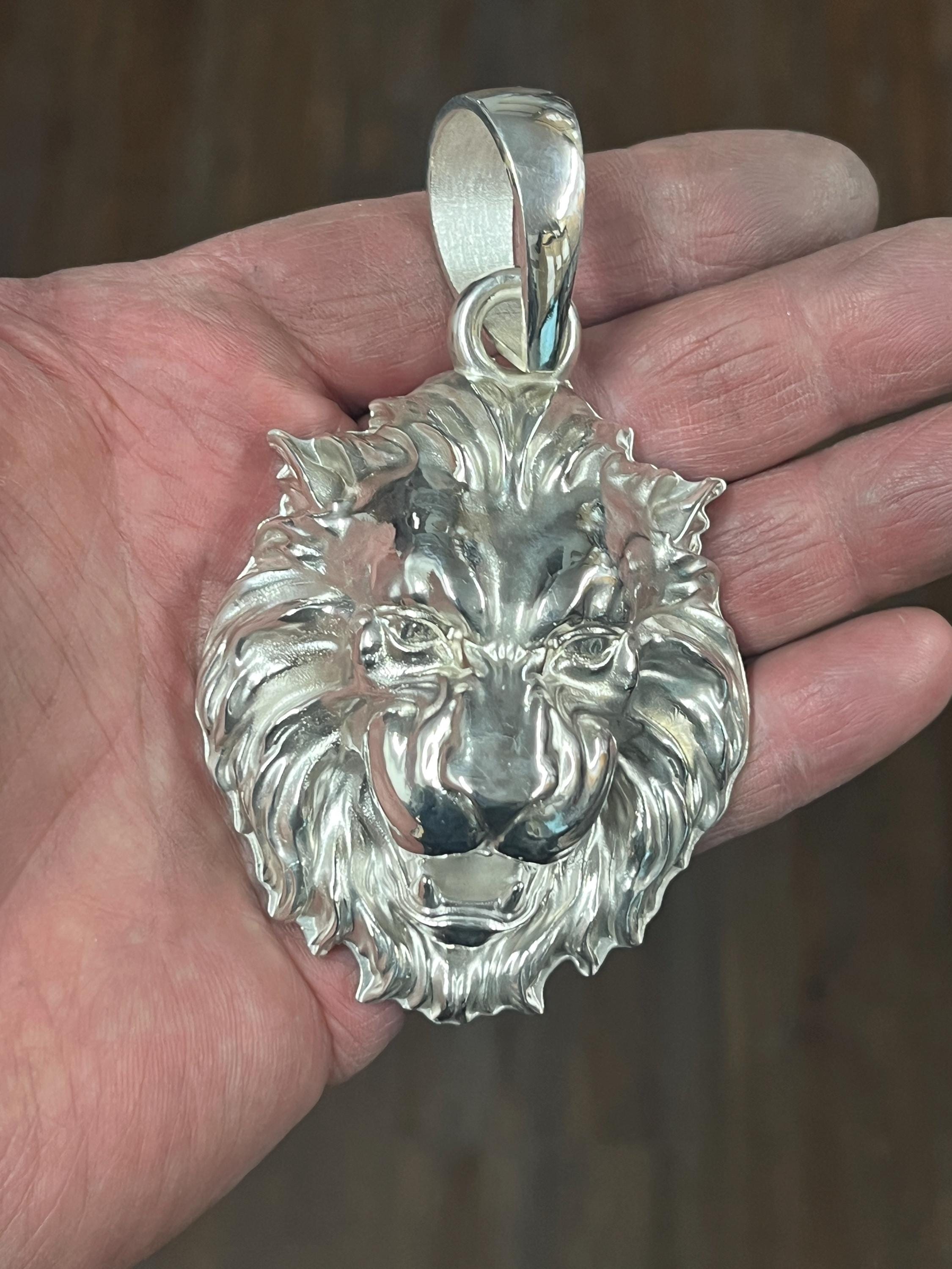 3.75" Large Lion Head King Pendant Charm Sterling Silver .925 heavy 136 grams