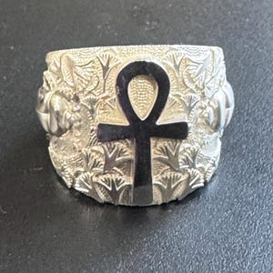 Egyptian Ankh Symbol Scarab Large Wide Heavy Band Ring Sterling Silver 925