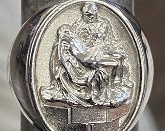 Michelangelo's "La Pieta" Mary and Jesus .925 Silver Men's Solid Heavy Large Ring