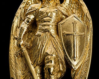 Saint Michael Warrior Angel 2" Large Charm Pendant 14K Gold