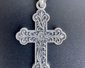 Baroque Cross Charm Pendant 2.5" Solid Sterling Silver .925