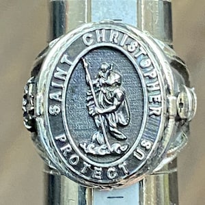 Large St. Christopher Protect Us 925 Silver Men&#39;s Ring
