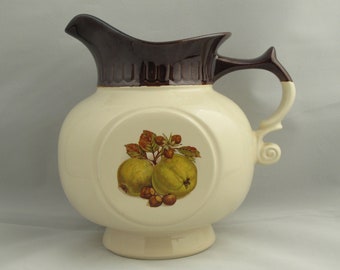 Large Brown & Tan Ceramic Pitcher With Fruit Image - Argonne Hall, LLC